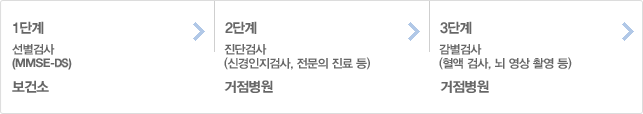 1단계 : 선별검사(MMSE-DS) - 보건소, 2단계 : 진단검사(신경인지검사, 전문의 진료 등) - 거점병원, 3단계 : 감별검사(혈액검사, 뇌 영상 촬영등) - 거점병원