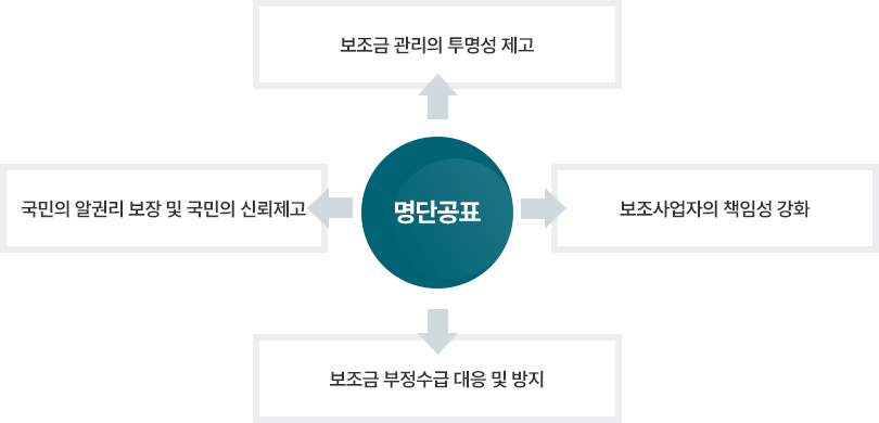 명단공표는 보조금 관리의 투명성 제고, 국민의 알권리 보장 및 국민의 신뢰제고, 보조사업자의 책임성 강화, 보조금 부정수급 대응 및 방지이다