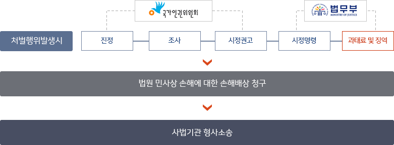 차별행위에 대한 구제절차는 처벌행위발생시 국가인권위원회가 진정, 조사, 시정권고를 수행한 후 법무부가 시정명령, 과태료 및 징역이 부과되고, 법원 민사상 손해에 대한 손해배상 청구를 하고 사법기관 형사소송을 한다