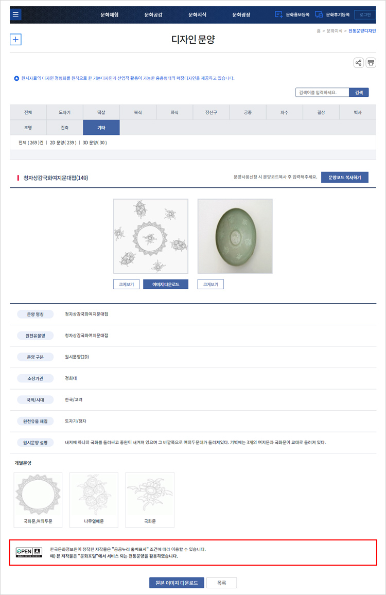 검색 된 자료의 저작물에 적용된 공공누리 유형 및 이용조건 확인 캡처화면