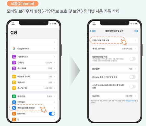 크롬(Chrome)-모바일 브라우저 설정  /> 개인정보 보호 및 보안 > 인터넷 사용 기록 삭제 