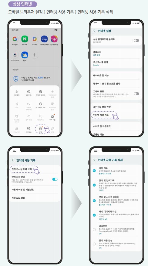 삼성 인터넷-모바일 브라우저 설정  /> 인터넷 사용 기록 > 인터넷 사용 기록 삭제
