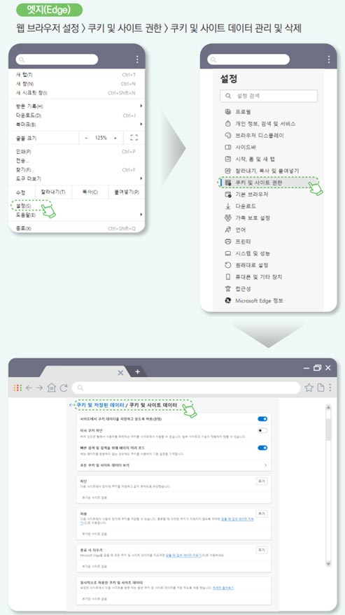 엣지(Edge)-웹 브라우저 설정  /> 쿠키 및 사이트 권한 > 쿠키 및 사이트 데이터 관리 및 삭제 
